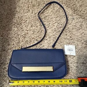 NWT Anne Klein Faux Leather Navy Blue Clutch Bag with Gold Accents